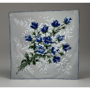 Vtg Floral Handkerchief Blue Roses Flowers Square Hanky Trimmed Edge - 14"